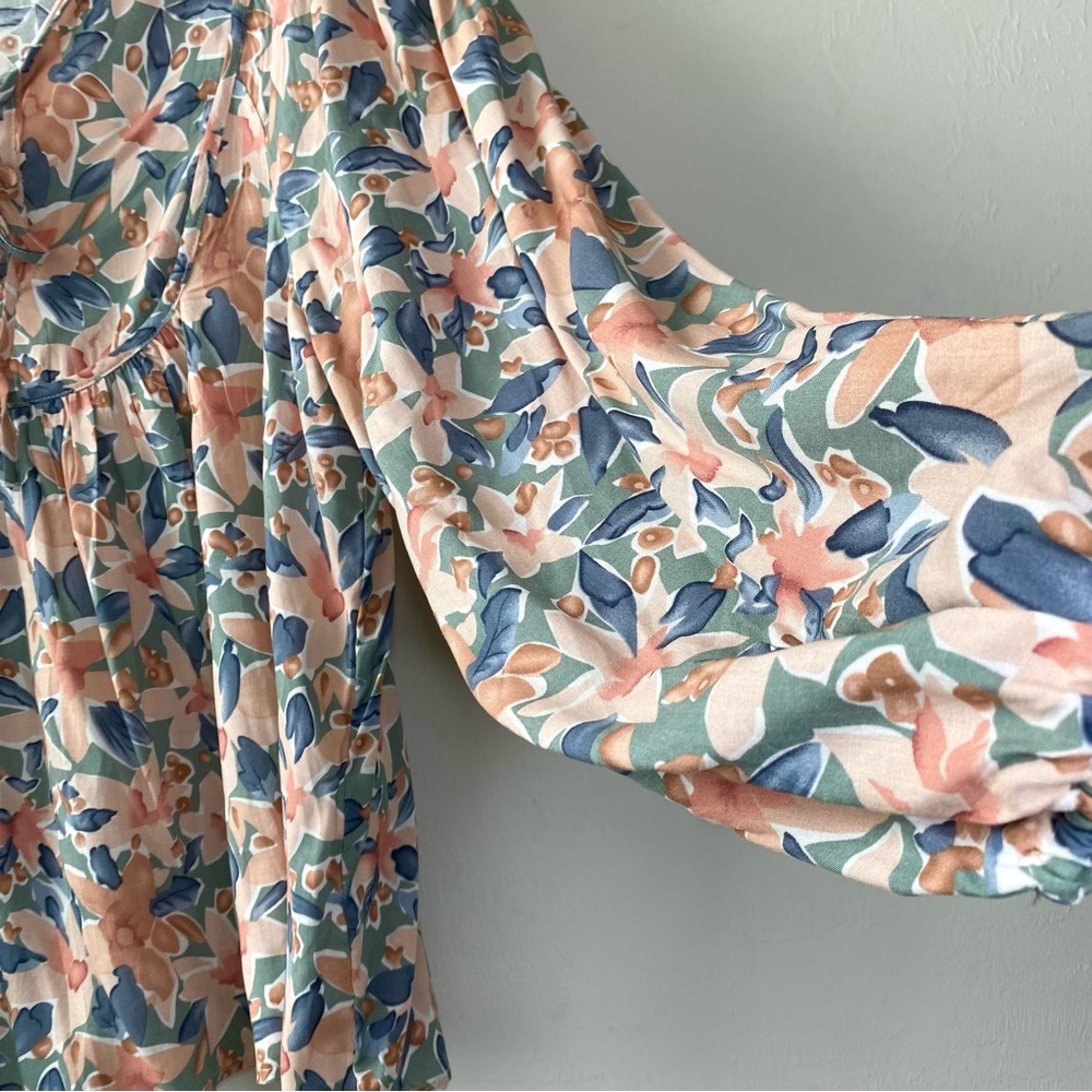 LAST CHANCE SALE!Double Tie Front Boho Floral Print Peasant Long Sleeve Blouse - Picture 5 of 11